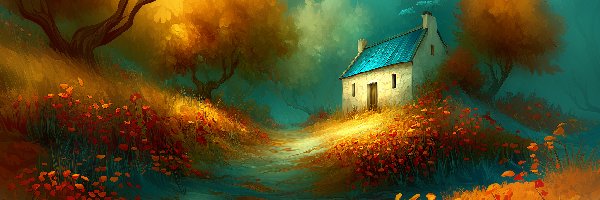 Dróżka, Grafika AI, Drzewa, Dom