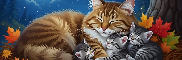 2D, Małe, Kotki, Trzy, Koty, Noc, Liście