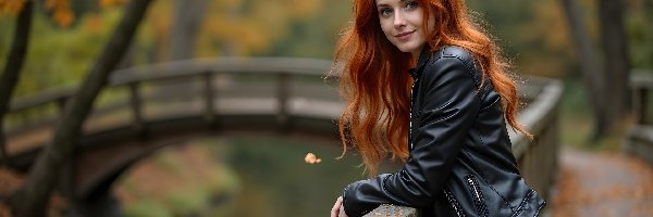 Kobieta, Włosy, Rude, Kurtka, Skórzana