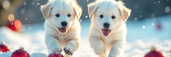 AI, Psy, Szczeniaki, Białe, Dwa, Bombki, Śnieg