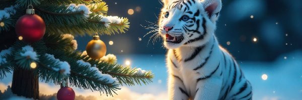Grafika AI, Zima, Śnieg, Tygrys, Młody, Bombki, Choinka