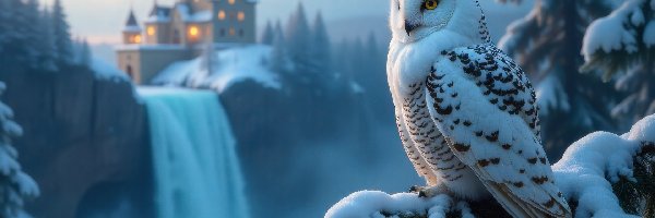 Świerk, Wodospad Grafika AI, Zamek, Sowa śnieżna