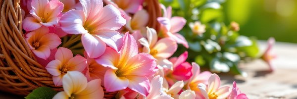 Różowe, Listki, Kwiaty, Koszyk, Wiklinowy