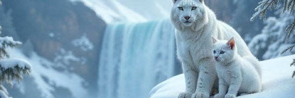 Białe, Zima, Rysie, Grafika AI, Wodospad