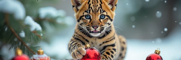 AI, Śnieg, Gałązki, Lampart, Mały, Bombki, Czerwone