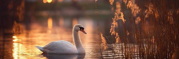 Szuwary, Grafika AI, Woda, Łabędź