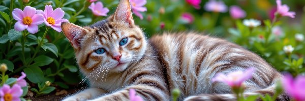 Pręgowany, Kwiaty, Kot, Leżący