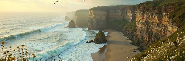 AI, Skały, Klify, Wybrzeże, Morze, Ptaki, Plaża