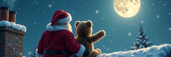 Księżyc, Miś, Święty, Pluszowy, Zima, Dach, Mikołaj