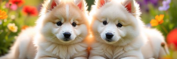 Dwa, Psy, Białe, Grafika AI, Szczeniaki