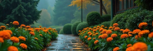 Krzewy, Park, Dom, Pomarańczowe, Grafika AI, Kwiaty, Alejka, Latarnia, Aksamitki, Drzewa, Deszcz