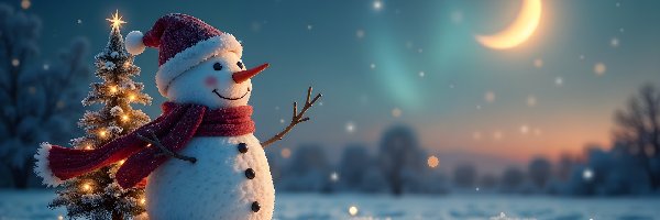 Bałwan, Czapka, Czerwona, Księżyc, Szalik