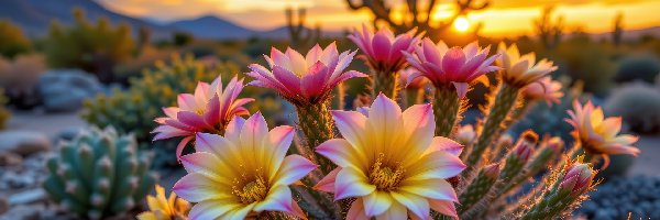 Kwiaty, Grafika AI, Zachód słońca, Kaktus