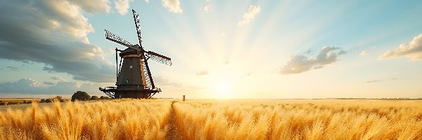 Zboże, AI, Wiatrak, Pole