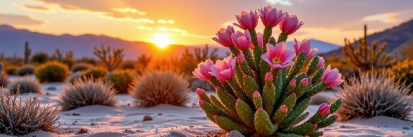 Kaktus, Piasek, Roślin, Kępki, Kwitnący, Różowe, Kwiaty, Zachód słońca