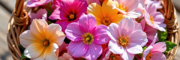 Koszyk, Kremowe, Kwiaty, Wiklinowy, Żółte, Różowe