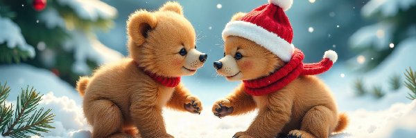 Grafika AI, Niedźwiadki, Czapka, Dwa, Zima, Śnieg, Szalik