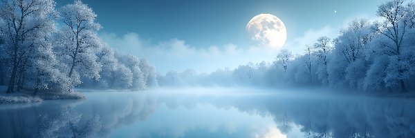Ośnieżone, Księżyc, Drzewa, Jezioro