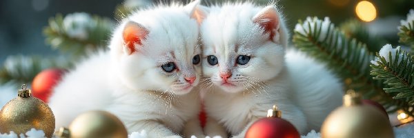 Grafika AI, Białe, Koty, Małe, Dwa, Śnieg, Bombki