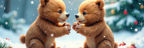 Śnieg, Dwa, Zima, Bombki, Misie, Niedźwiadki