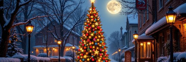 Drzewa, Domy, Zima, Choinka, Boże Narodzenie, Księżyc, Noc
