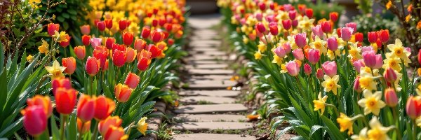 Kwiaty, Narcyzy żonkile, Tulipany, Ogród, Ścieżka