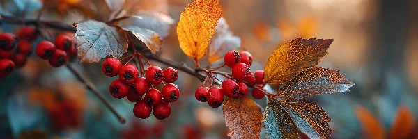 Liście, Owoce, Jagody, Grafika AI, Czerwone, Gałązka