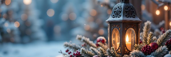 Bombki, Lampion, Świeca, Śnieg, Boże Narodzenie, Świerkowe, Gałęzie