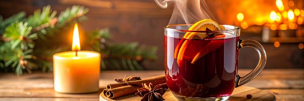 Laski, Pomarańczy, Herbata, Filiżanka, Świeca, AI, Anyż, Plasterki, Cynamonu