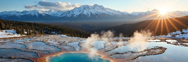Góry, Gorące źródła, Szczyty, Promienie słońca, Gejzer
