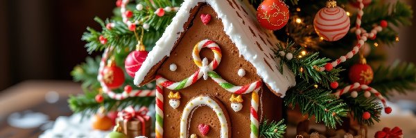 Łańcuch, Domek, Świerkowe, Piernik, Boże Narodzenie, Bombki, Gałązki