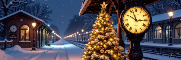 Zegar, Zima, Noc, Peron, Choinka, Stacja, Dworzec, Boże Narodzenie