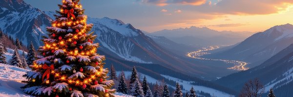 AI, Choinka, Zbocze, Zima, Boże Narodzenie, Dolina, Góry