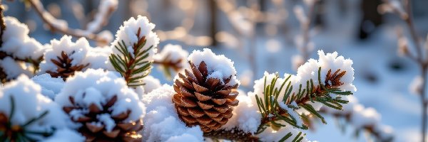 Zima, Gałązki, Ośnieżone, Szyszki, Jodła