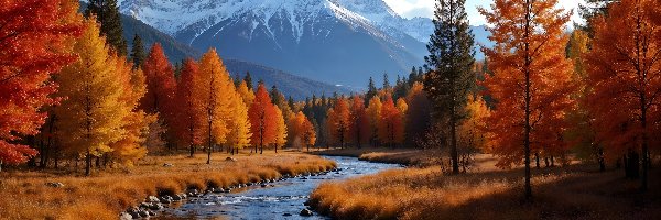 Śnieg, Rzeka, Góry, Drzewa, Jesień, Ośnieżone, Szczyty