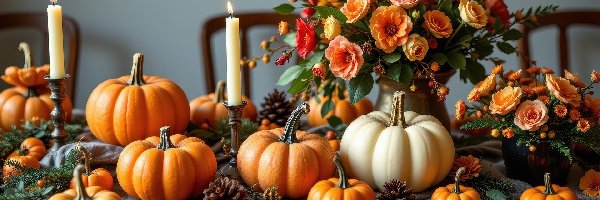 Szyszki, Dynie, Bukiet, Białe, Żółte, Świece, Kwiaty