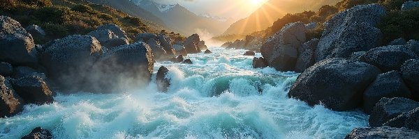 Rzeka, Kamienie, Góry, Promienie słońca, Głazy