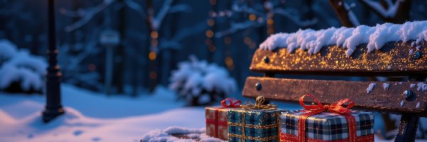 Ośnieżone, Noc, Latarnia, Prezenty, Park, Drzewa, Ławka, Zima