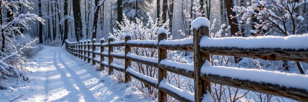 Ogrodzenie, Ośnieżone, Drzewa, Las, Zima, Droga, Zaśnieżona