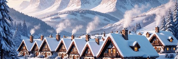 Wioska, Góry, Domy, AI, Zima