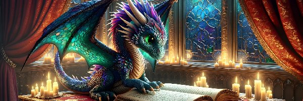 Smok, Świece, Książka, Fantasy, Okno