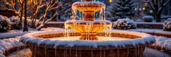 Fontanna, Śnieg, AI, Drzewa, Park, Latarnia, Ośnieżone, Zima