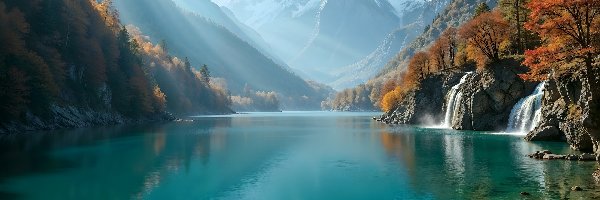 Wodospady, Jezioro, Mgła, Jesień, Kamienie, Las, Drzewa, Góry