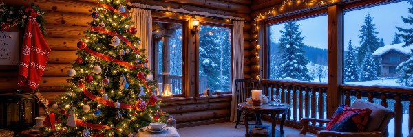 Boże Narodzenie, Choinka, Zima, Fotel, Stół