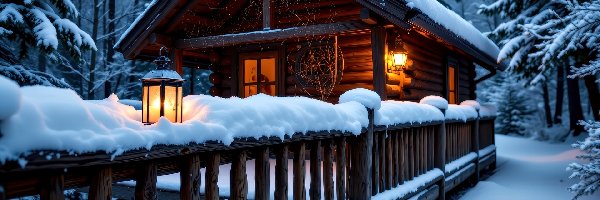 Zima, Dom, Ogrodzenie, Grafika AI, Las