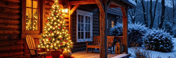 Taras, Choinka, Dom, Ogród, Zima, Boże Narodzenie