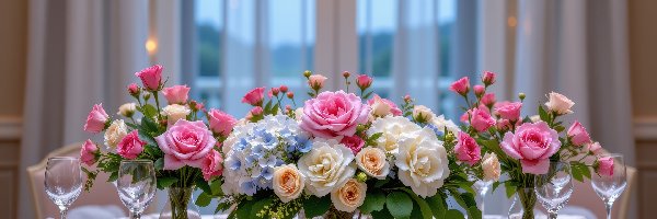 Okno, Kwiaty, Bukiety, Grafika AI, Róże, Stół