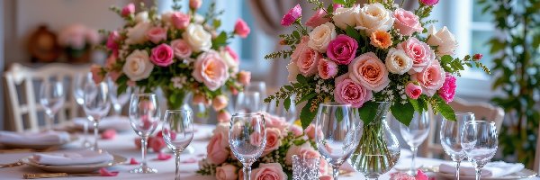 Róże, Stół, Bukiety, Grafika AI, Kieliszki