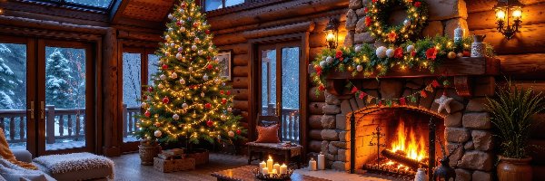 Kominek, Choinka, Dywan, Sofa, Pokój, AI, Boże Narodzenie, Udekorowana, Okna