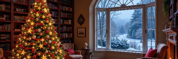 Fotele, Książki, Udekorowana, Salon, Boże Narodzenie, Zima, Okno, Choinka, Prezenty